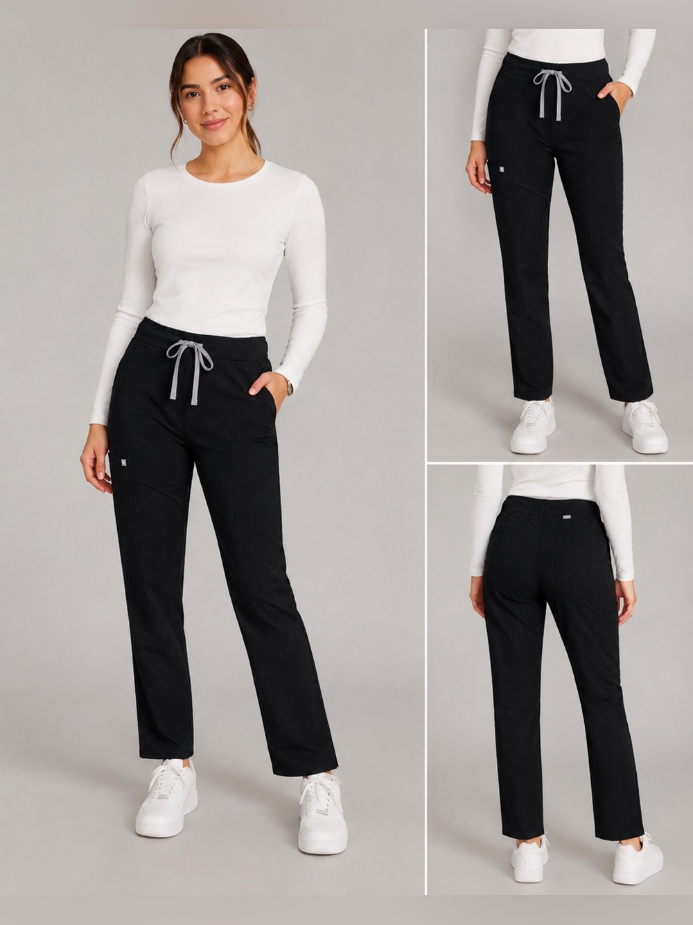 Figs Black Straight-Leg Scrub Pants with Gray Drawstring